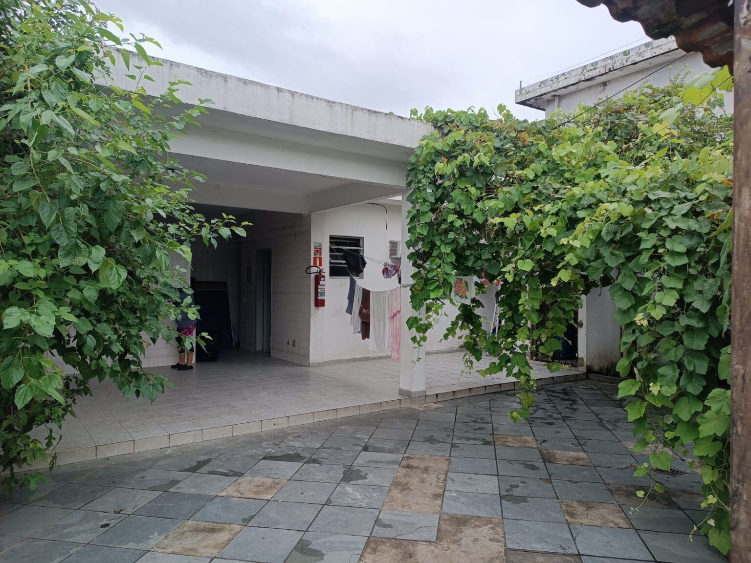 Pátio externo da unidade com pergolado de plantas e área coberta